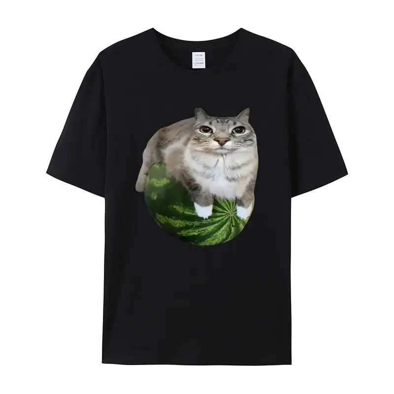 Funny Watermelon Cat Graphic T‑Shirt Round Neck Loose Slim‑Fit Short‑Sleeve Unisex Niche Streetwear Casual Outerwear Tops for Me