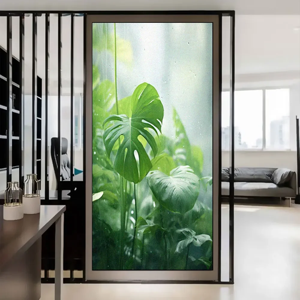 Película de privacidad para ventana adhesiva estática sin pegamento, pegatinas para ventana con patrón de planta verde, tinte para ventana para el