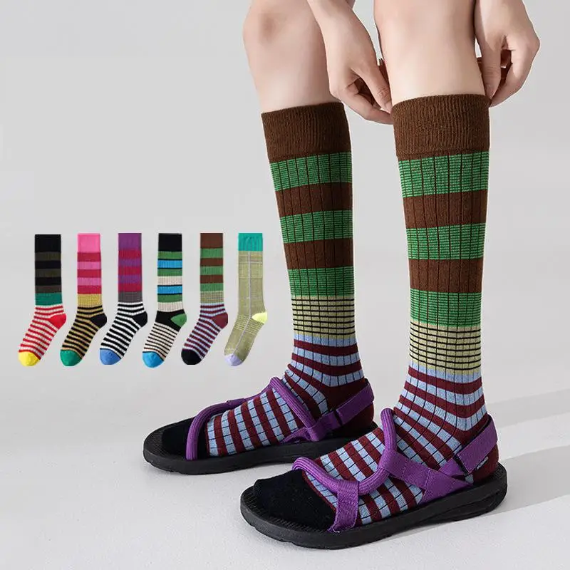 1pair Autumn Winter Ins Fashion For Woman Gradient Striped Colorful Retro Calf Socks Cotton High Tube Soft Sport Women's Casual