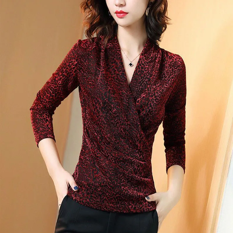 Vintage Printed V-Neck Folds Leopard Blouse Women\'s Clothing 2022 Autumn New Oversized Casual Pullovers All-match Commute Shirt