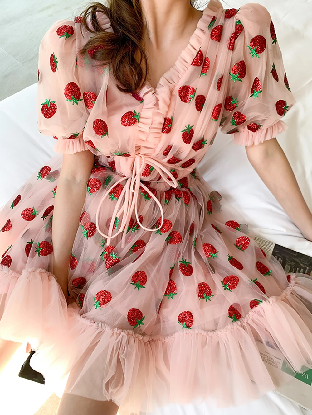 Mini vestido de vacaciones de jardín de fresas, cuello en V, tul con volantes, picardías de princesa personalizado para cumpleaños, corpiño, baile, graduación, vacaciones