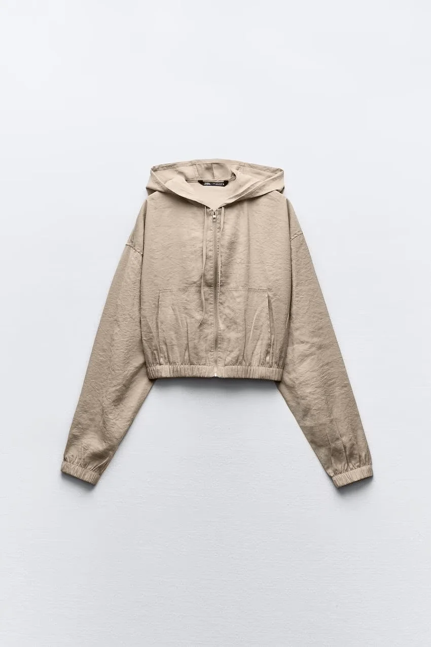 Jaqueta Curta Fena Reversível com Capuz Estilo Drapeado em Mistura de Aodão para Proteção Solar – Nova Coleção Verão 2024