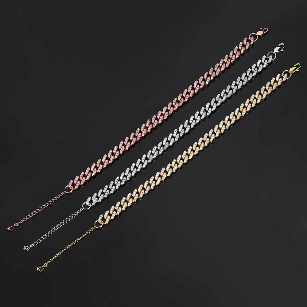 Brass 9mm Wide Cuban Chain Anklet Bracelet Pave Bling Zircon Rhodium/Gold/Rose Color Hip Hop Rock Jewelry For Women