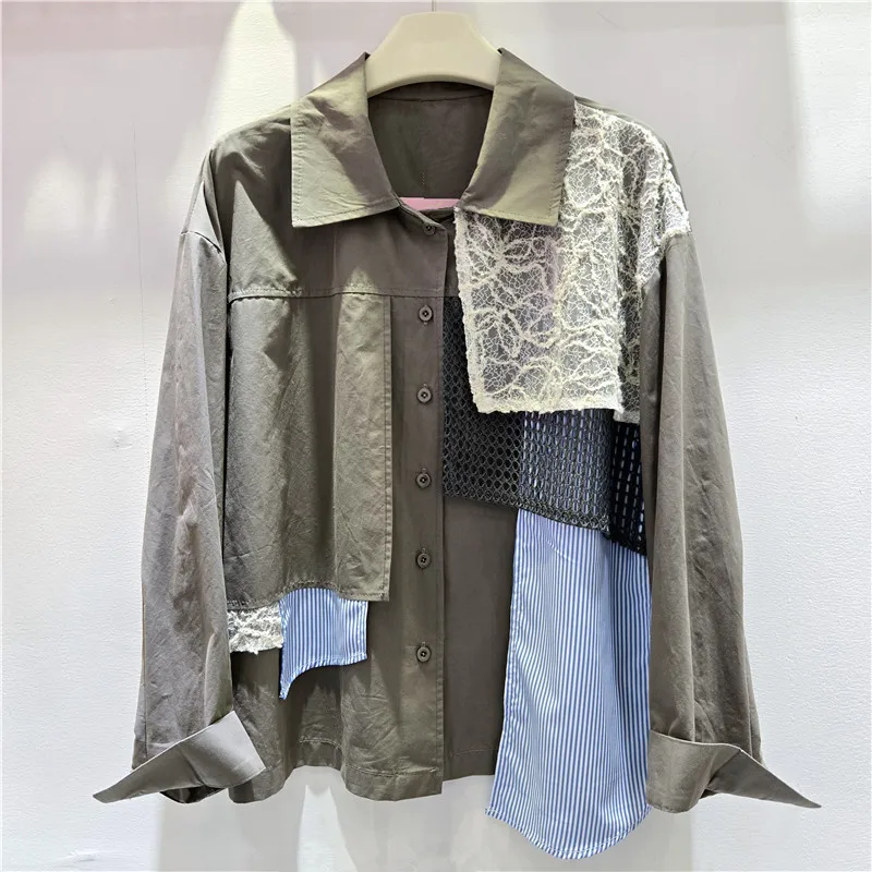 SuperAen European and American Style 2026 Autumn New Polo Collar Long-sleeved Asymmetrical Patchwork Lace Single-breasted Shirts view 2