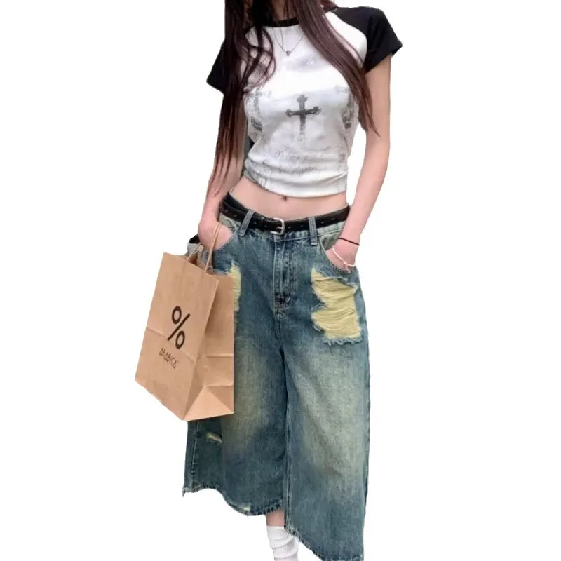 Vintage Washed Distressed Wide Leg Jeans with Holes Summer Niche Design Sense American Trendy Brand Seven Inch Mid Length Pants