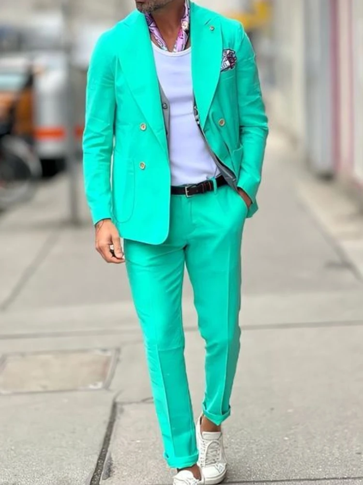 Stylish Turquoise Bespoke Men Suits Double Breasted Casual 2 Pieces (Jacket+Pants) Dinner Man PArty Wear Wedding Tuxedos Suits