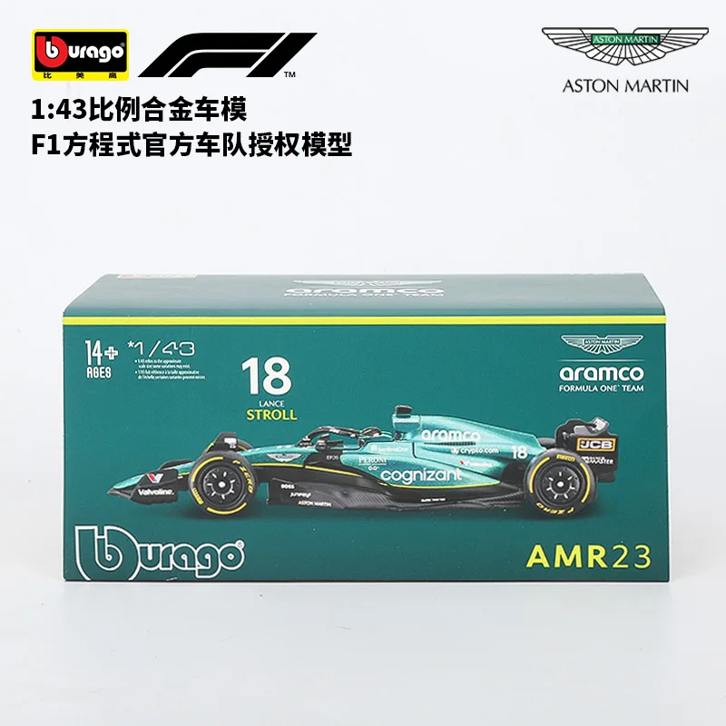 Bburago 1:43 Aston Martin F1 AMR23 # 14 # 18-delige speelgoedmotorvoertuig gegoten metalen modelgeschenken