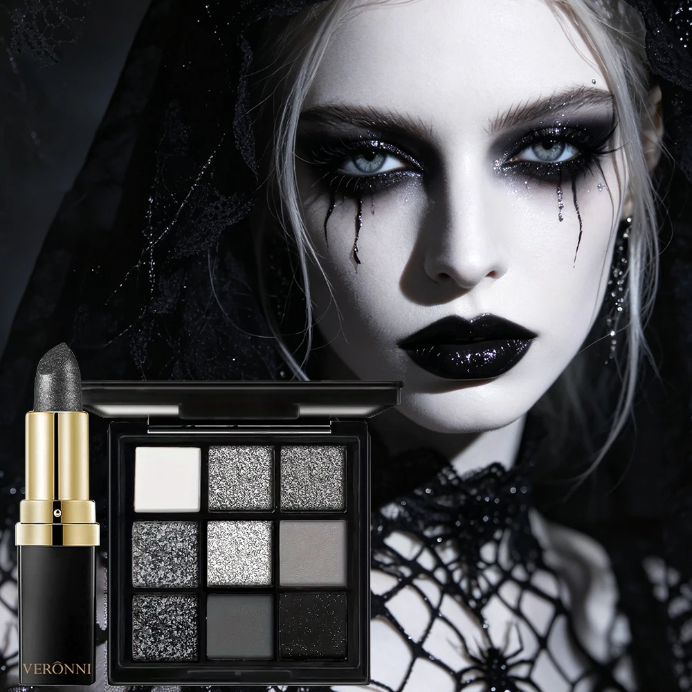 Halloween Gothic Makeup Set, Jet‑Black Eyeshadow & Matte Black Lipstick Waterproof Long‑wear for Witch Vampire Cosplay Party