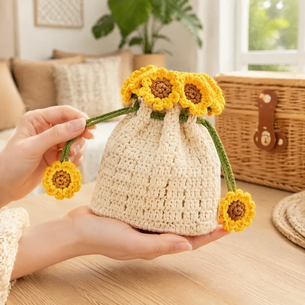 Handwoven Sunflower Design Organizer Pouch Tie Closure Adjustable Rope Hanging Storage Bag Crochet Mini Makeup Bag