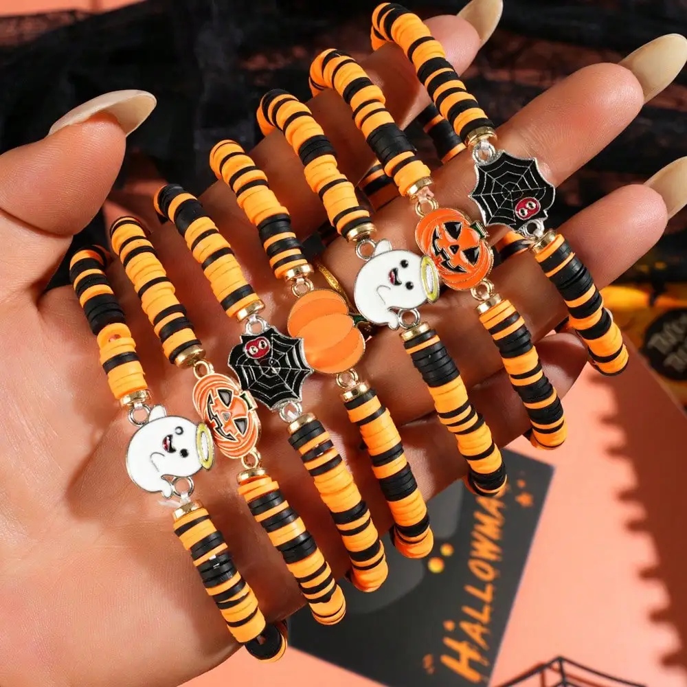 30Pcs Halloween Bracelets Bulk, Pumpkin Ghost Spider Charm Stretchy Beaded Bracelets For Women Men, Fall Holiday Party Favors Halloween Accessories