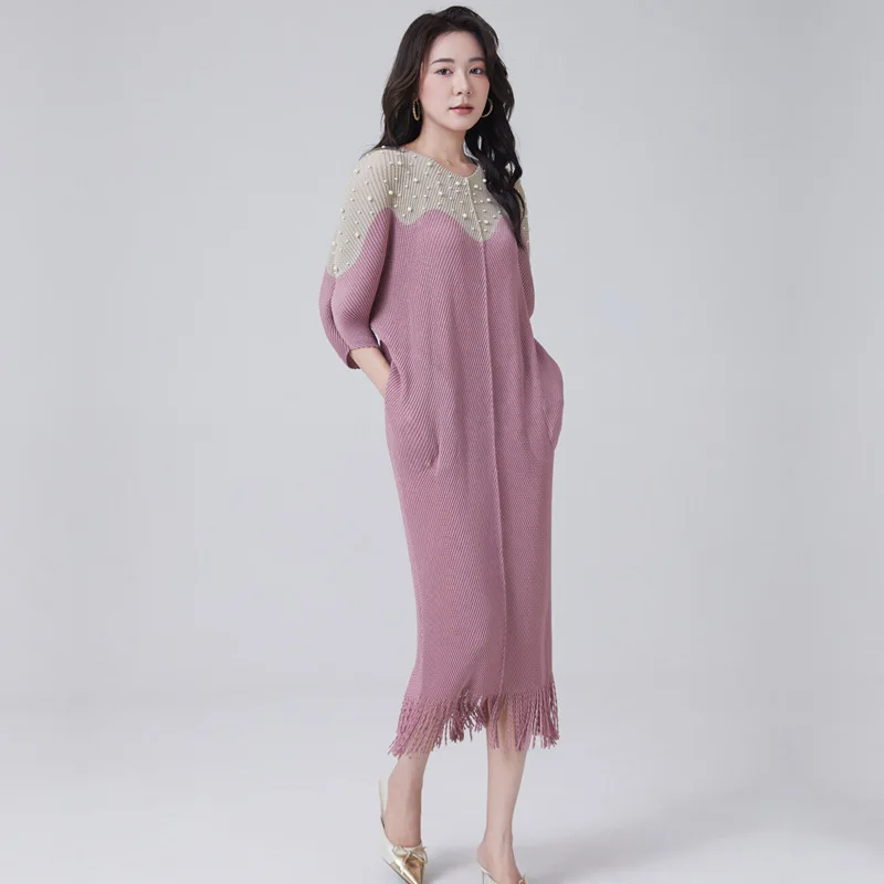 

Miyake Pleated Dress for Women 2025 Summer Fashion Bead Color-blocking Round Neck Short Sleeve Loose Pleated Tassel Long Skirt