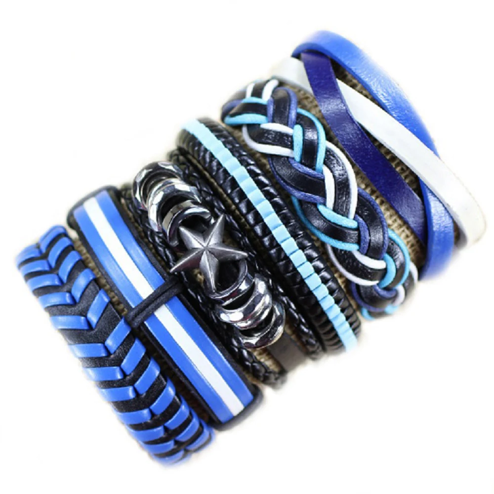 6Pcs/set Men Women Bracelets Vintage Multilayer Leather Braid Bracelets Bangles Handmade Rope Wrap Bracelets Male Gift Jewlery