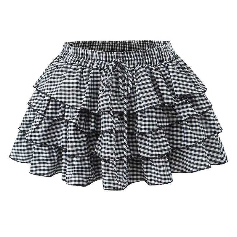 YENKYE 2025 Sweet Girl Plaid Cascade Ruffles Cake Skirt Bow Elastic Waist Saia Mini Summer Skirts