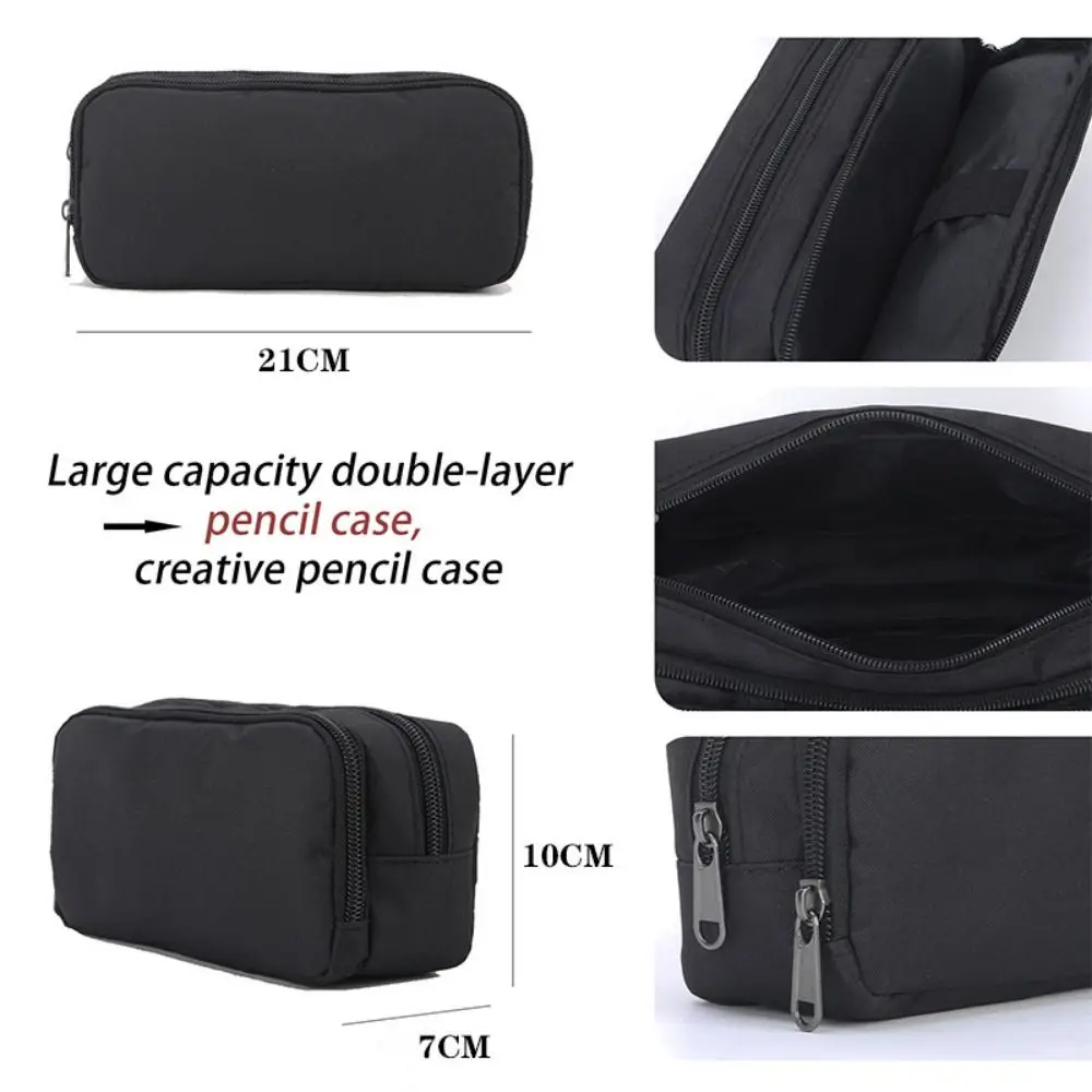 二層ポータブルペンバッグ大容量ジッパー学生鉛筆ケース耐摩耗性ソリッドカラー文具オーガナイザー