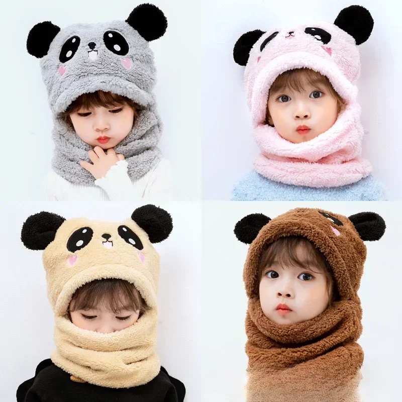 Cartoon Hat for Girls Boys Scarf Thicken Cap Winter Hat for Kids Newborn Baby Stuff Children Hat Plus Fleece Kids Caps 1-15Years