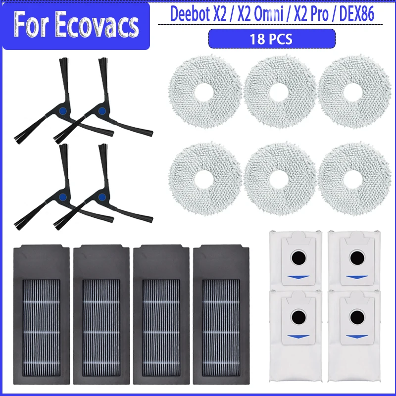แปรงด้านข้างไม้ถูพื้นถุงหูรูดกรอง HEPA ฆ่าเชื้อสำหรับ Ecovacs deebot X2 / X2 omni/ X2 pro/ DEX86อะไหล่อุปกรณ์เสริม