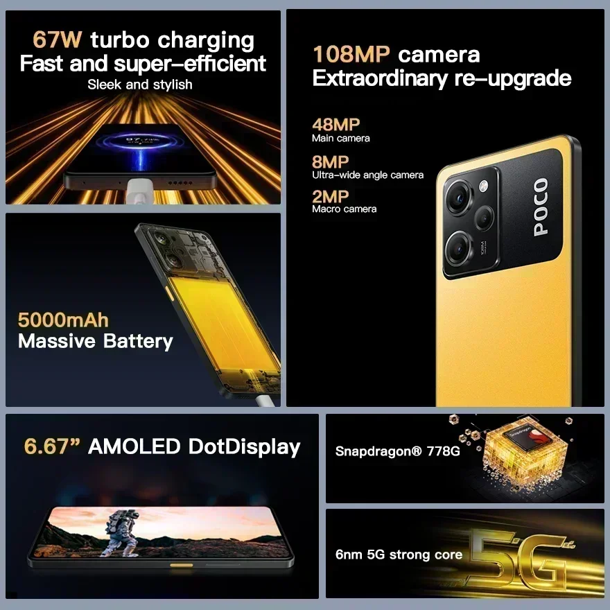 POCO X5 Pro-teléfono inteligente 5G versión Global, Smartphone con 128GB/256GB, NFC, Snapdragon 778G, pantalla DotDisplay AMOLED de flujo de 6,67