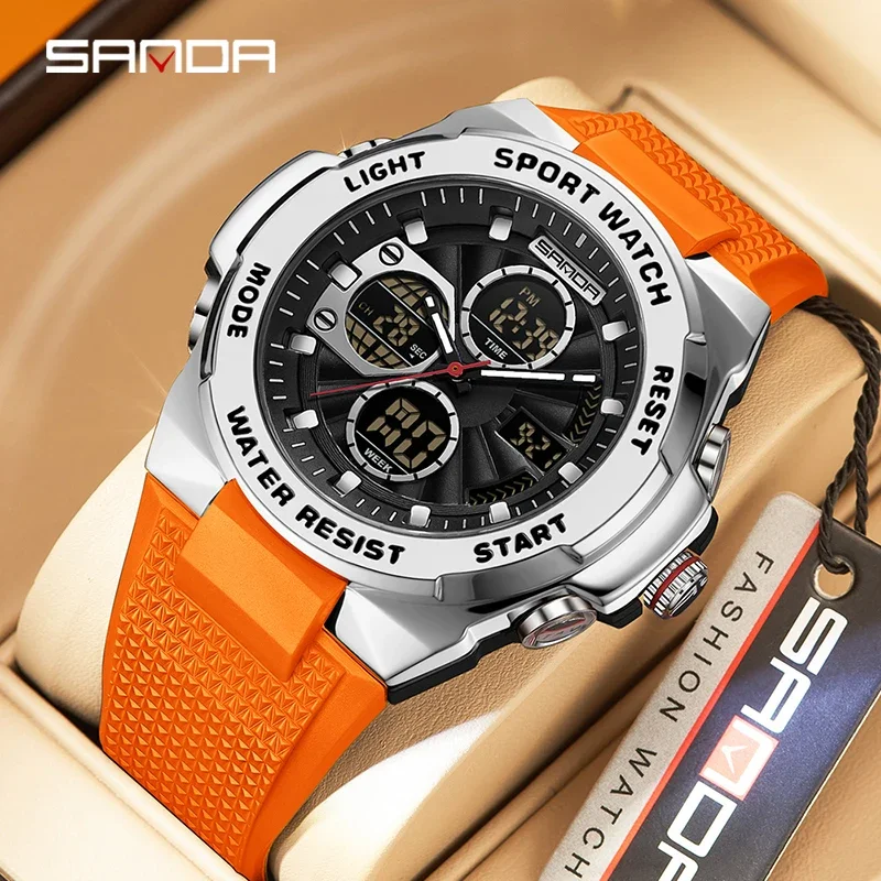 

SANDA новые модные спортивные часы, военные наручные часы для мужчин, будильник, секундомер, светодиодный светильник, двойной дисплей времени, водонепроницаемые часы, мужские