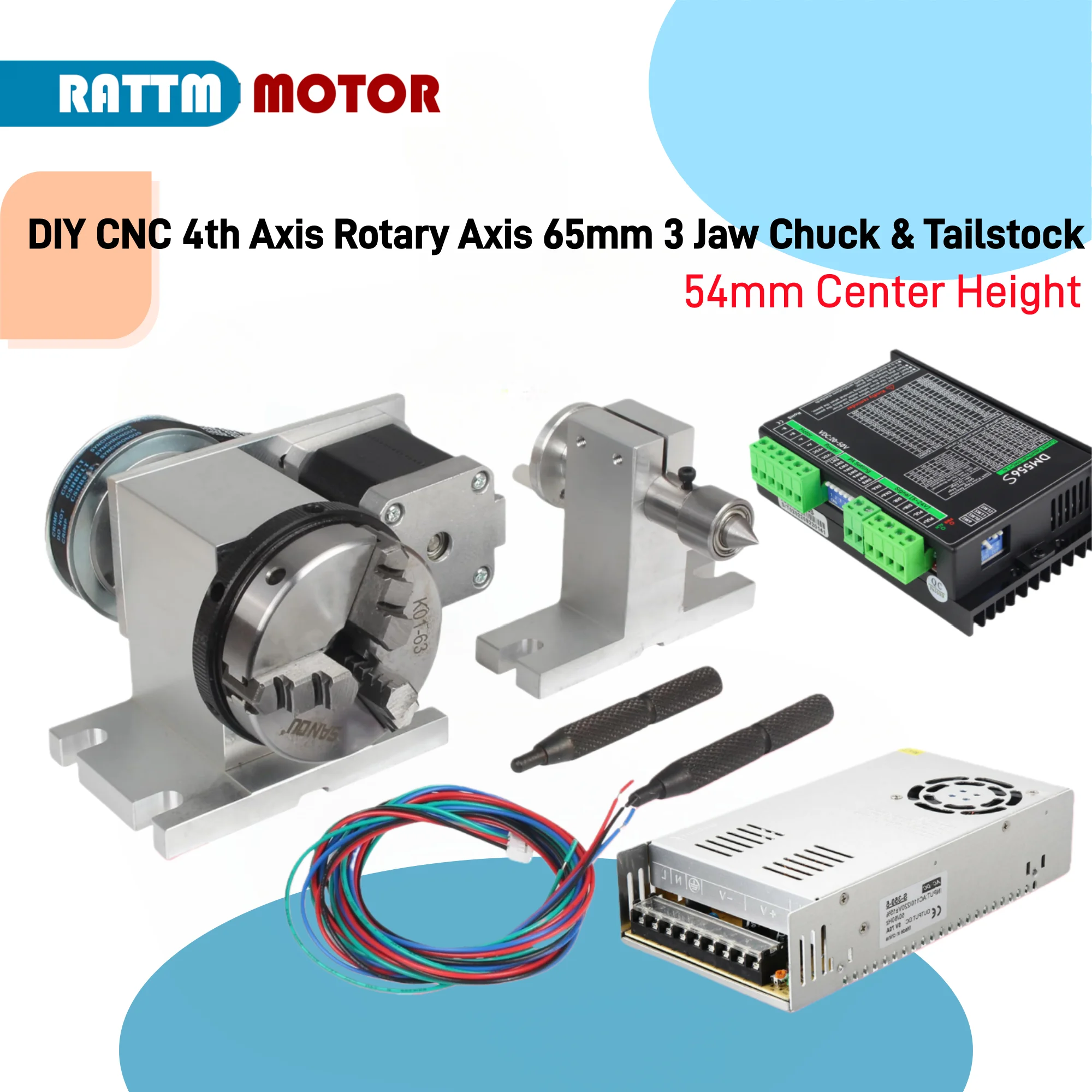 DIY CNC 4th Axis Rotary Axis 65mm 3 Jaw Chuck And Activity Tailstock for CNC Engraving Milling Machine 54mm Center Height Driver