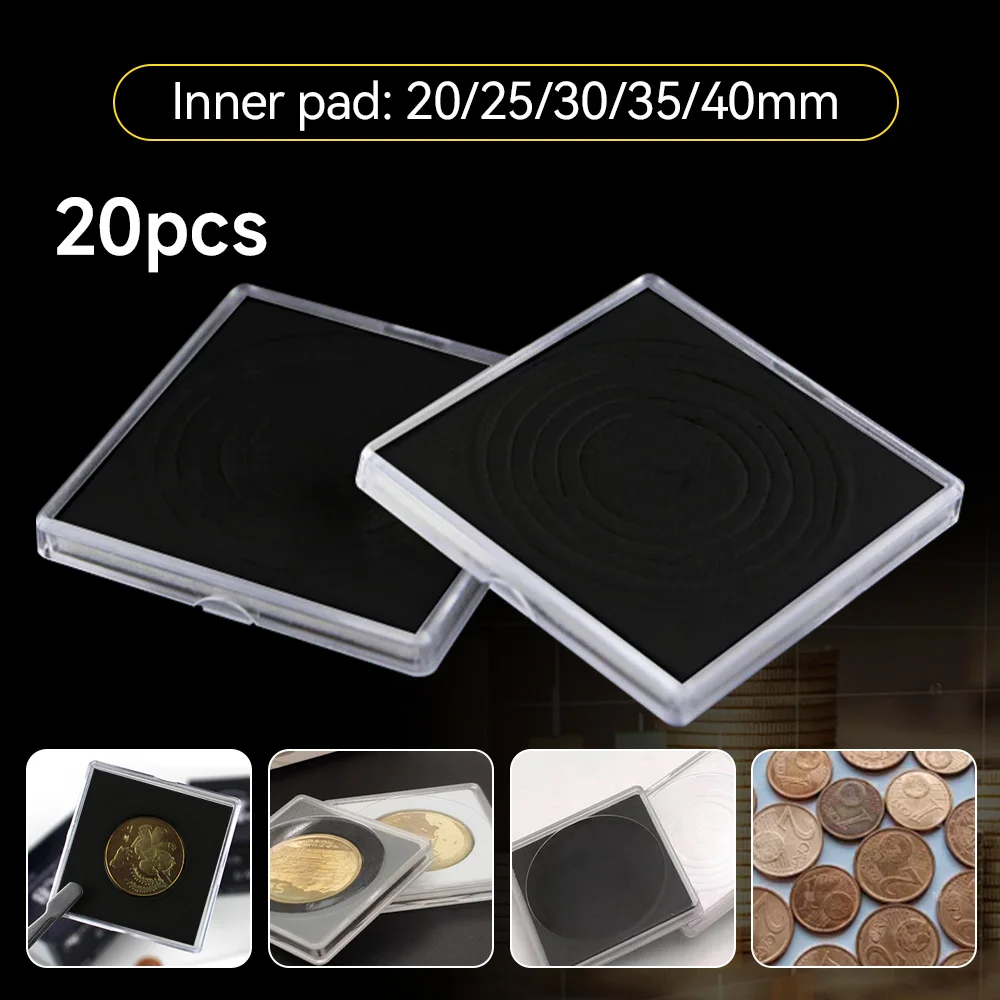 20Pcs Plastic Square Coin Case Holder Capsules Container with Black Gasket Small Round Coin Protection Box Display 20mm-40mm