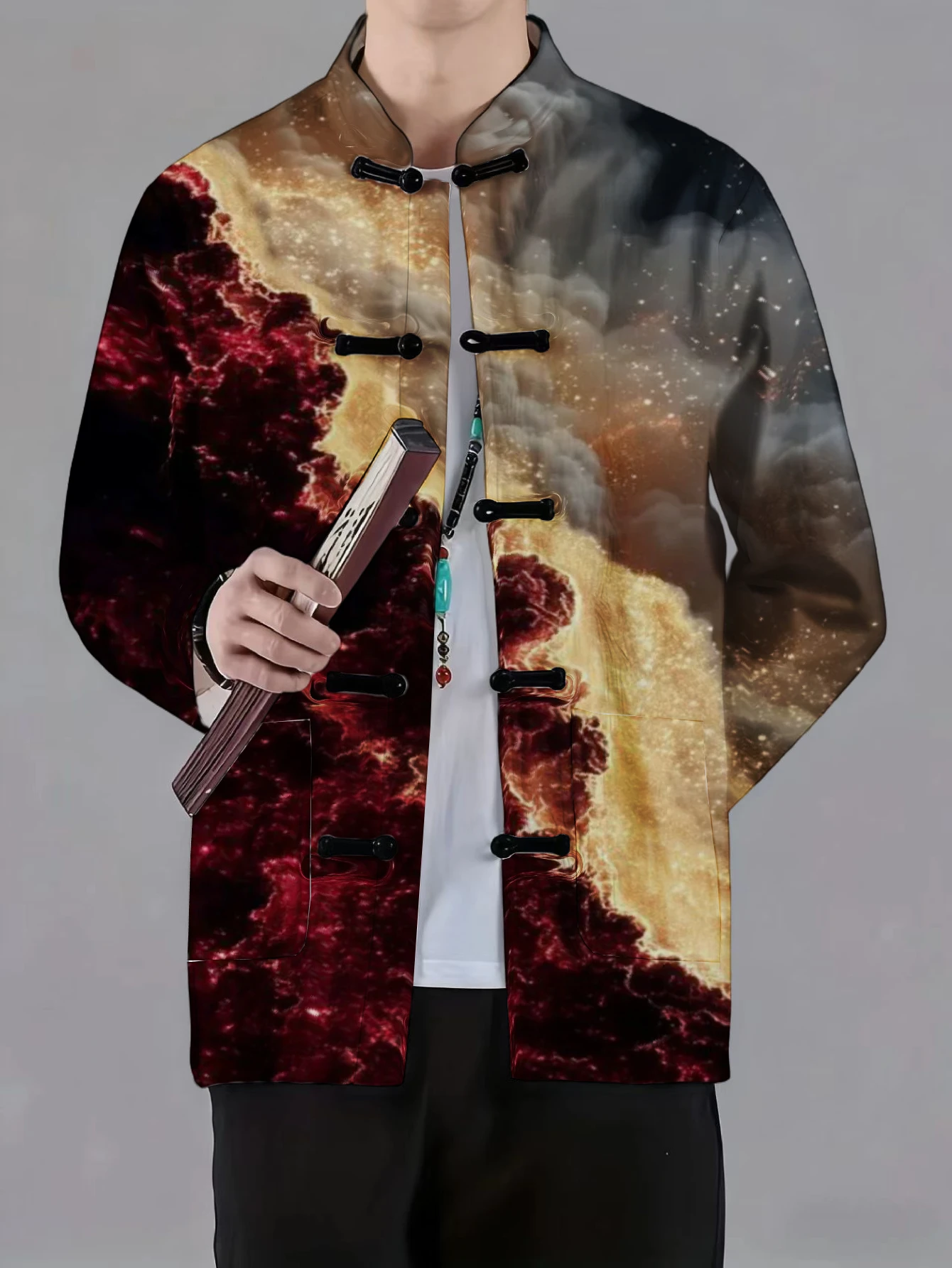 Men Mandarin Collar Frog Button Jacket Lion Cloud Floral Galaxy Ink Splash Print Traditional Outerwear