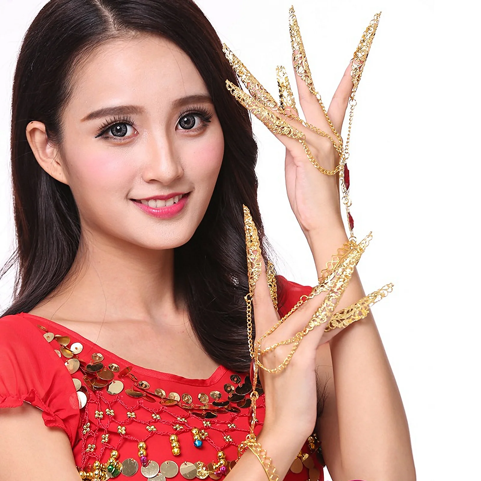 

2pcs Hand Chain Nail Covers Golden Pointed Tips For Stage Performance Dance Props Costume Accessories Alloy Fingertip Cover