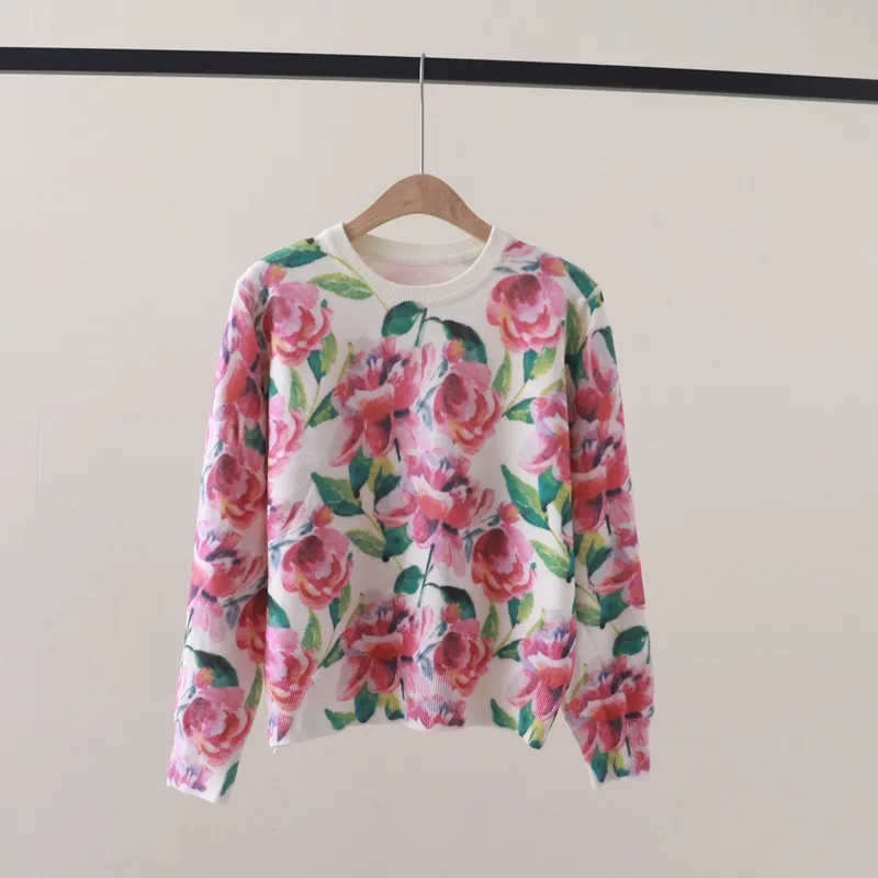 Women's Sweater Pullovers Luxury Flower Print Rose Wool Knit Tops Long Sleeve Jumper Jersey Korea Y2k Blouse Knitwear Winter