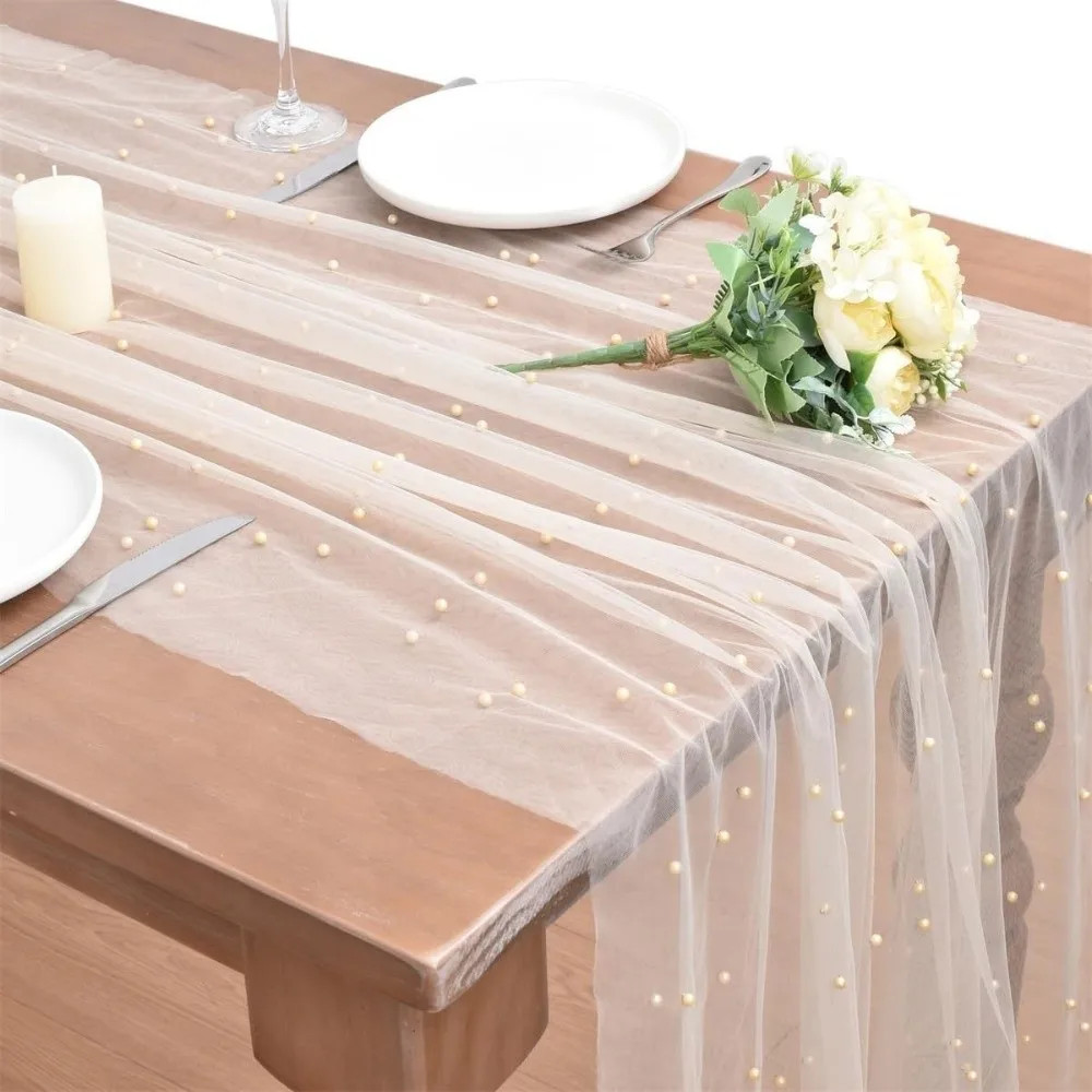 DIY Design Table Flag Pearl Chiffon Semi Transparent Sheer Drapes Table Runner Pearl Tulle Gauze Mesh Wedding Arch Drapes
