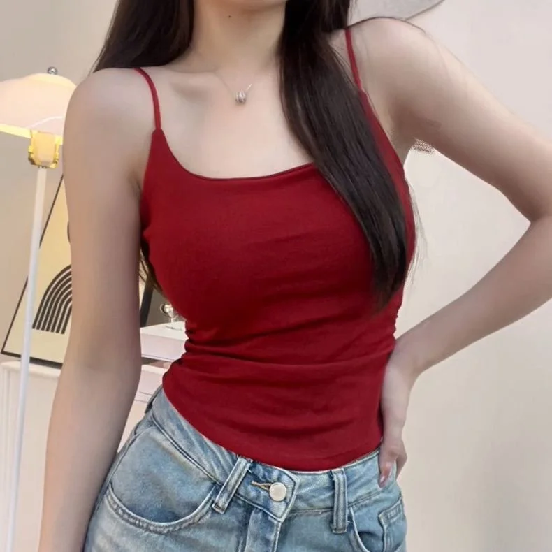 2024 New Women's Slim Fit Tank Top Integrated Design Pure Color Inner Wear with Chest Pad Short Length Nylon Cotton Blend