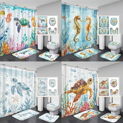 Cartoon Sea Turtle Shower Curtain With Hook Ocean World Bathroom Set Non-slip Carpet Toilet Cover Pad Bath Mat for Home Decor