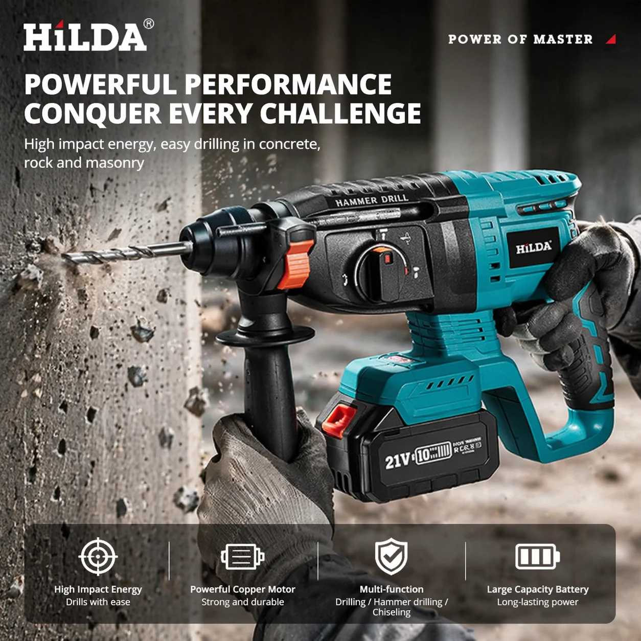 HILDA Brushless Electric Hammer 3 Functions Rotary Hammer Drill 21V Cordless Power Tool For Steel Concrete For Makita Battery