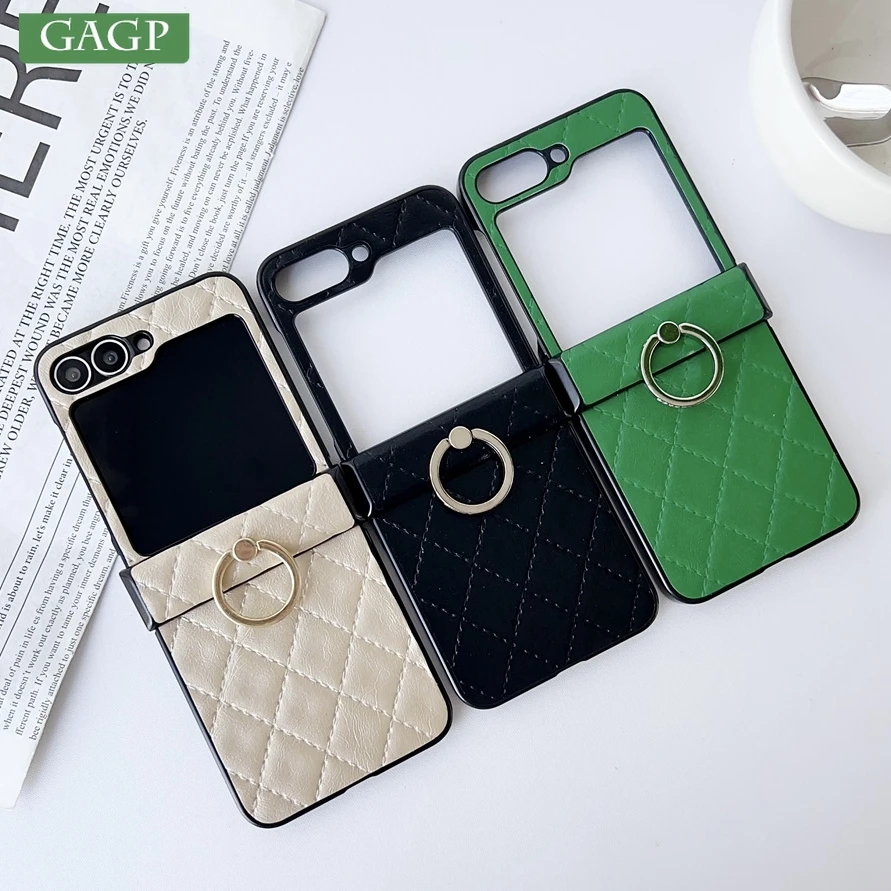 Leather Finger Ring Buckle Case For Samsung Galaxy Z Flip 6 5 4 3 Grid Pattern Stand Holder Shockproof For Galaxy Flip 6 Cover