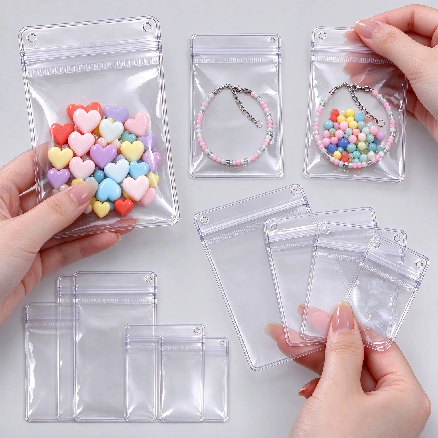 20/100Pcs Clear PVC  Lock Jewelry Bags with Hang Hole,Thicken Reclosable Pouches for Earrings Necklace Beads Small Accessories