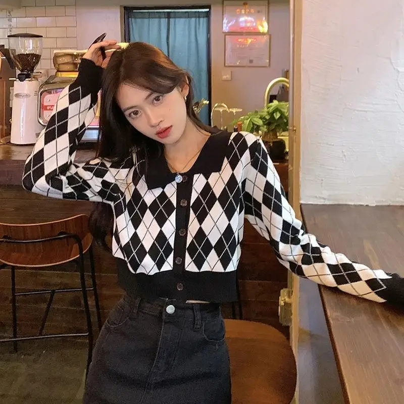 Cute Summer Harajuku Cardigans Female Sweaters Knitted 2024 Trend Cropped Cardigan for Women Fashion Tops Plaid Kawaii Sweater