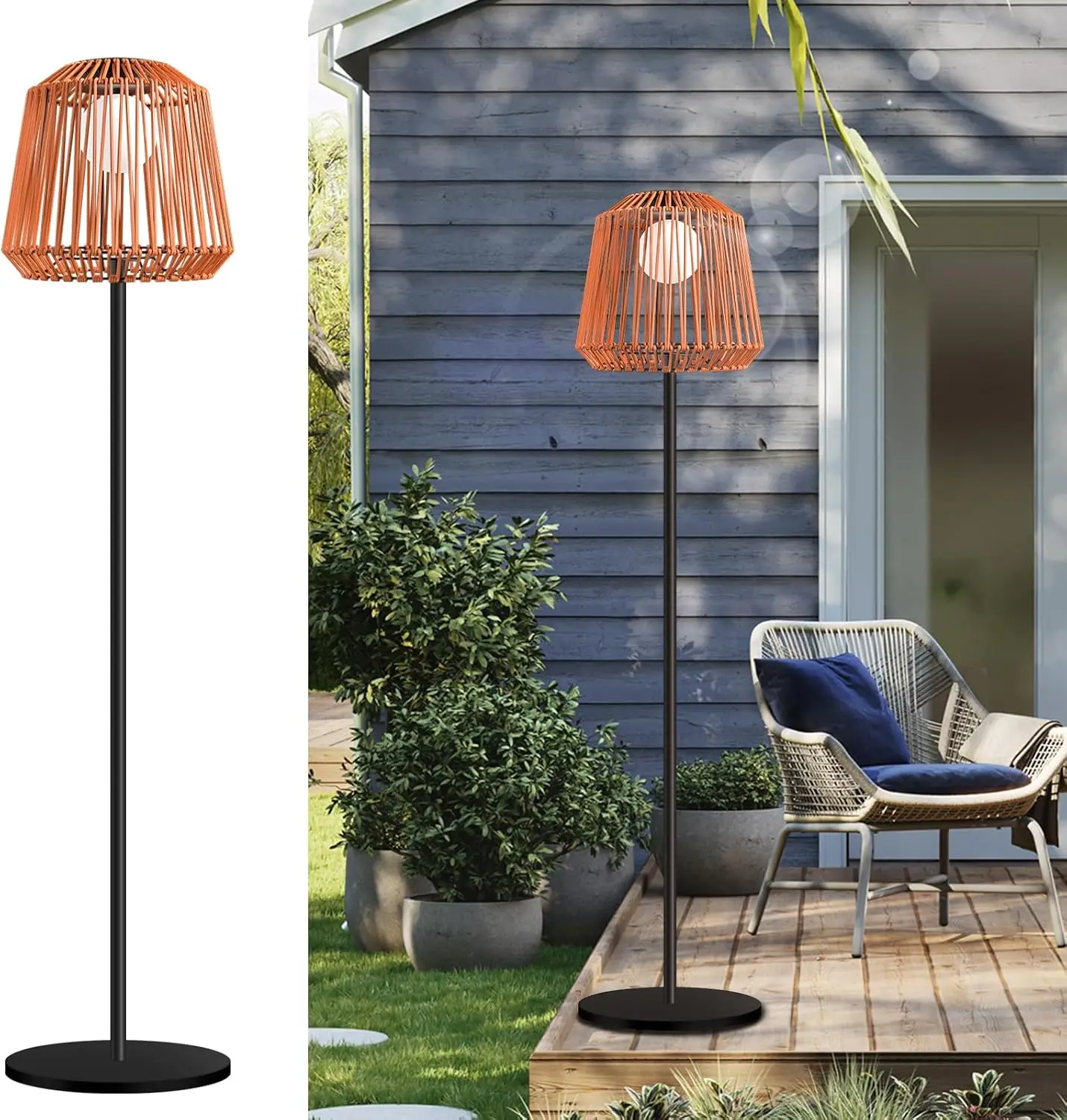 Outdoor Solar Floor Lamp, Garden Rattan Wicker Light, Metal Pole & Base, Waterproof Yard Decor