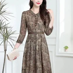 New 2023 Spring and Autumn Women's Pullover V-neck Patchwork Printing Button Belt Long Sleeve Fashion Slim Covering Belly Dress