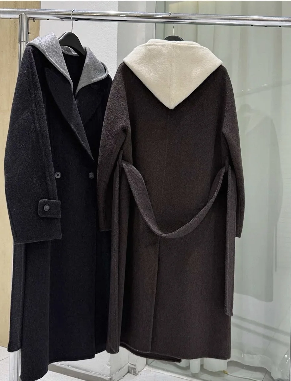 Women 2026 Winter New Light Luxury Detachable Hood Double Faced Wool Coat Mid Length Contrast Color Belted Woolen Outerwear