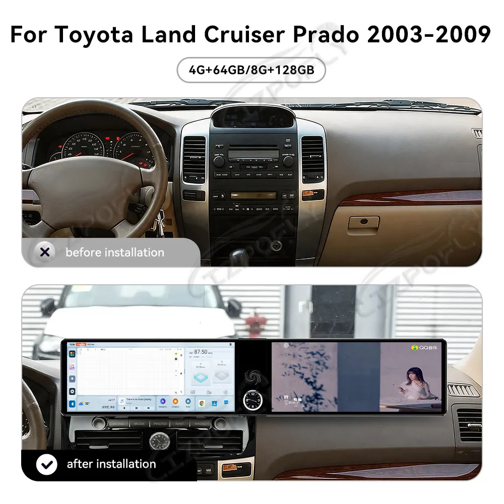 GPS Navi Radio Dual 12.3 Inch Android 13 CarPlay For Toyota Land Cruiser Prado 2003-2009 Car Multimedia Player Stereo Head unit