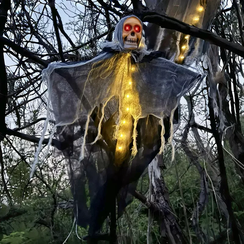 2026 Halloween Glowing Gauze Skull Hanging Ghost Ornament Outdoor Tree Hang Decor Horror Scene Layout Prop