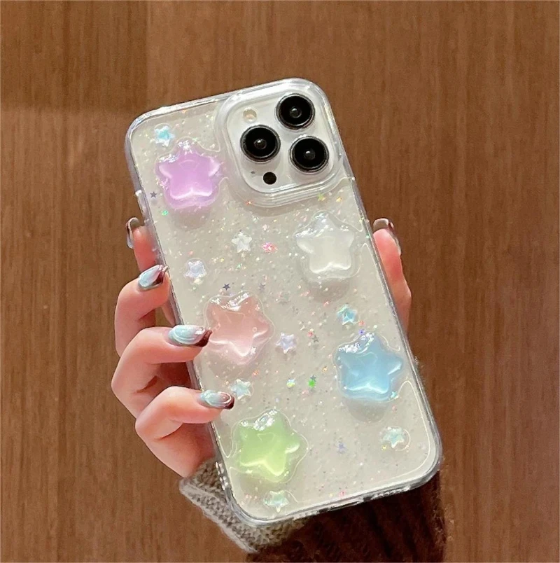 Transparent Bling Cute Color 3D love Stars Phone Case for Iphone 14 13 12 11 15 Night Light Luminous TPU Drop Glue Glowing Cover