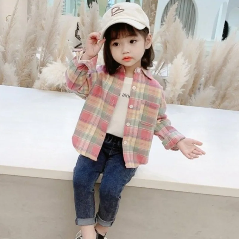 2026 New Girls' Checkered Blouse Long Sleeve Spring Fall Kids' Top Stylish Toddler Shirt with Plaid Cotton Soft Kids' Clothing