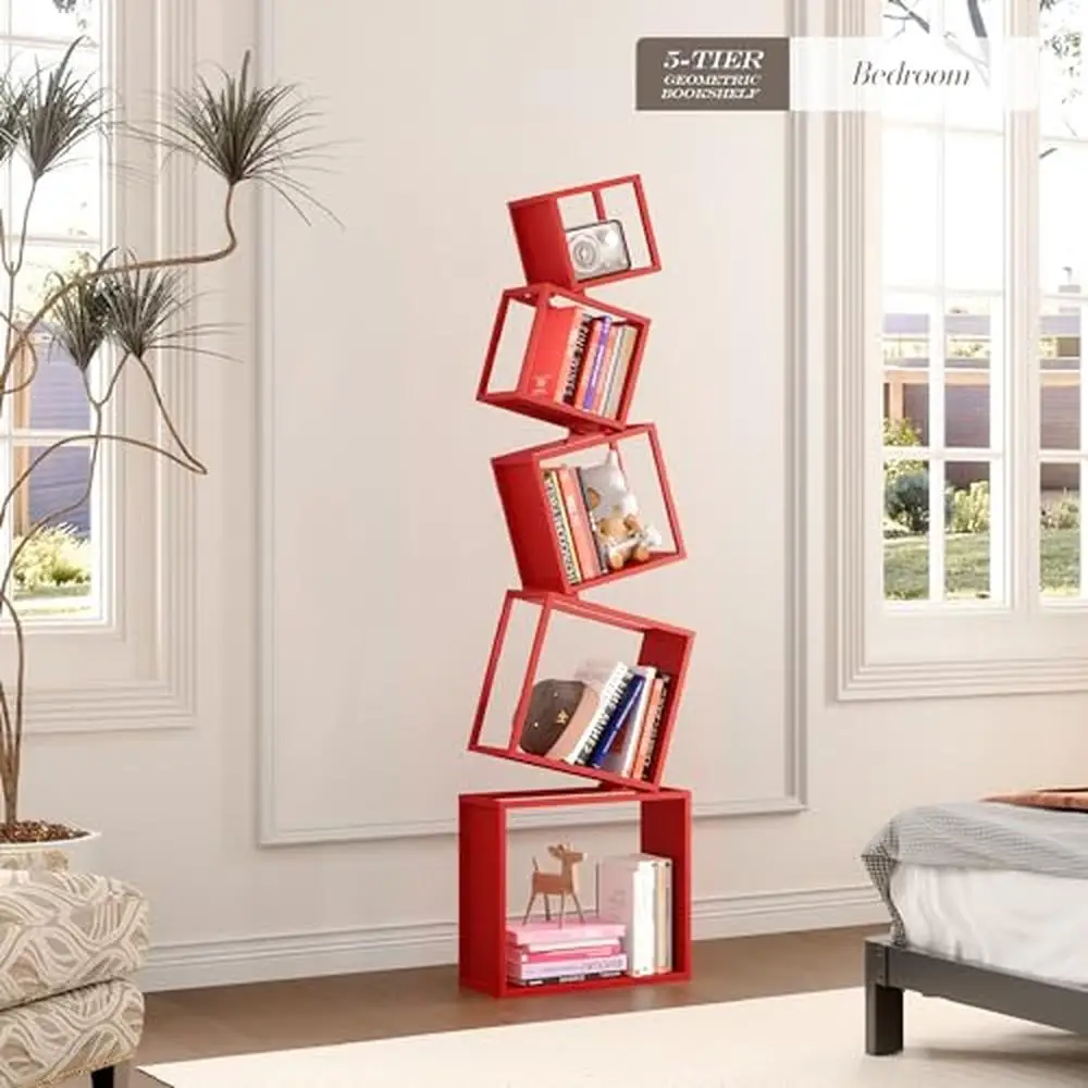 5-Tier Geometric Bookcase 70.6" Tall Red Book Organizer Industrial Corner Display Shelf Waterproof Rust Proof Heavy Duty Display