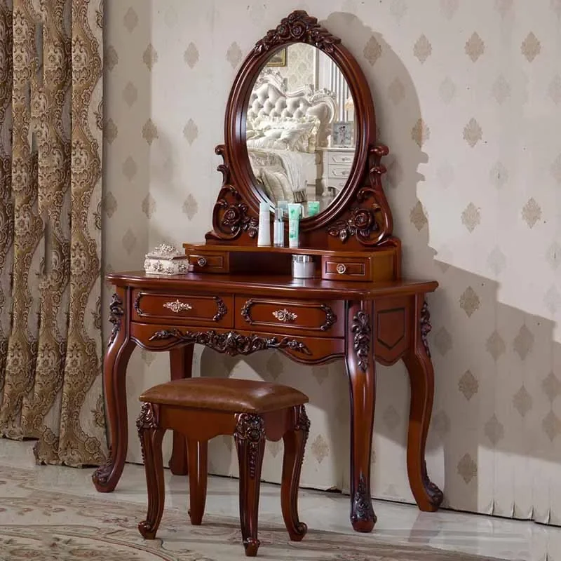 

mirror luxury dresser eithe drawers stool brown Women Wooden Dressing Table Storage Makeup Hotel Schminktisch Bedroom Furniture