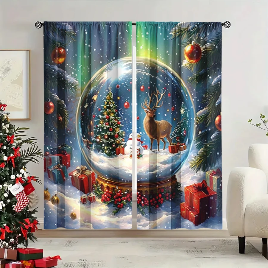 2PCS Christmas Winter Curtains, Snow Globe Reindeer Snowman Tree Gift Berry, Digital Print, Bedroom Living Room, Home Decor