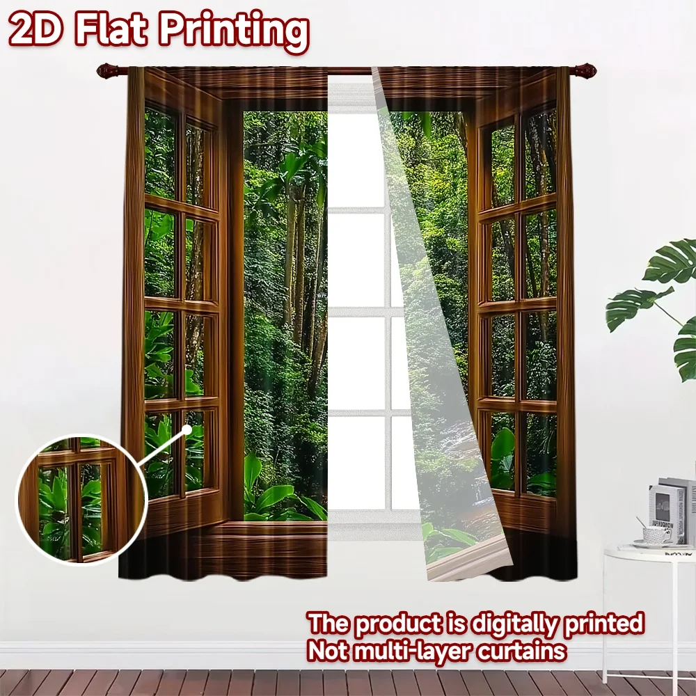 2D flat 2pcs Curtain Retro Country Style Open Forest Stream Digitally printed polyester Birthday Party Use for Holiday Portraits