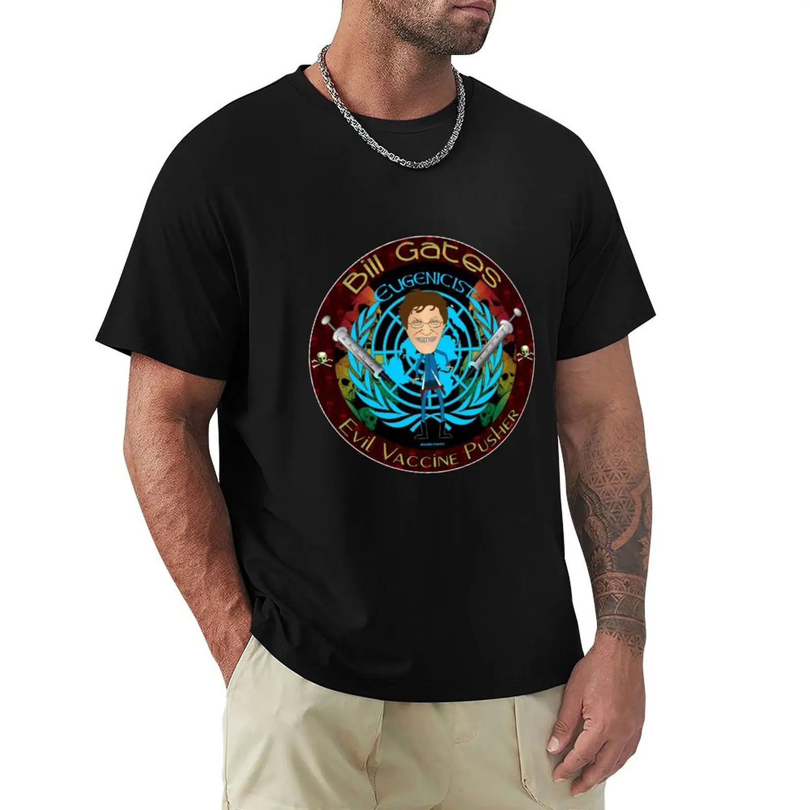 Bill Gates Eugenicist - Evil Vaccine Pusher T-Shirt Heavy Duty Casual Work Tee
