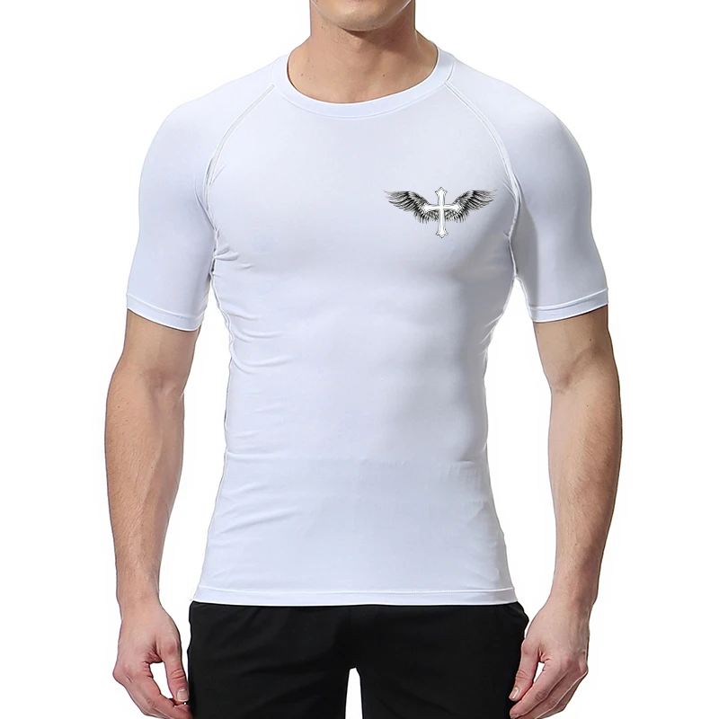 Cross Wings Print Compression Shirt for Men Christian Athletic Tshirt Sporty Tees Tops Gym Workout Running Baselayers Undershirt