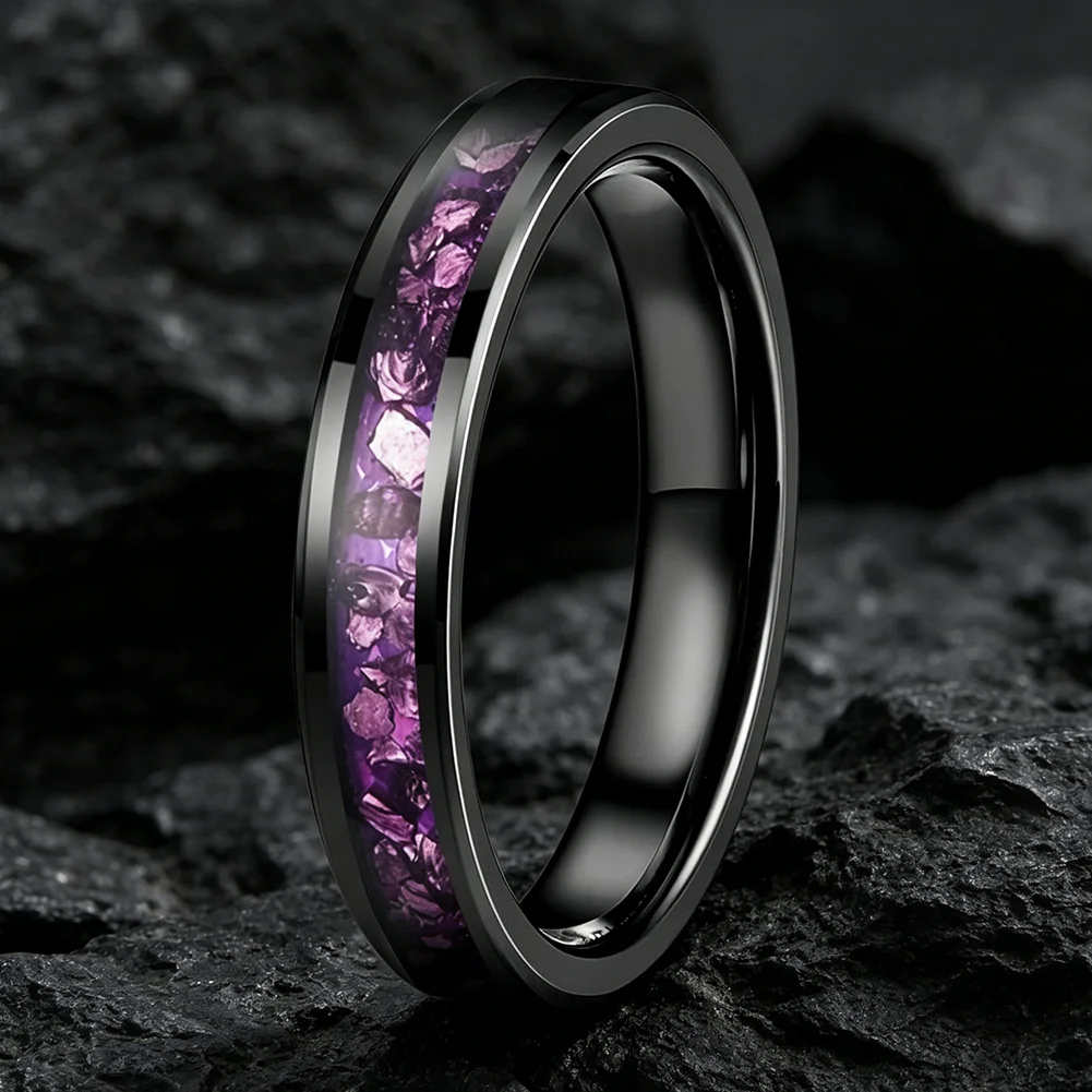 4mm Wolframringe mit Lila Edelstein-Einlage, Modeschmuck, Verlobungs- und Eheringe für Männer und Frauen, Poliert Glänzend, Komfortabler Sitz – Detail 6