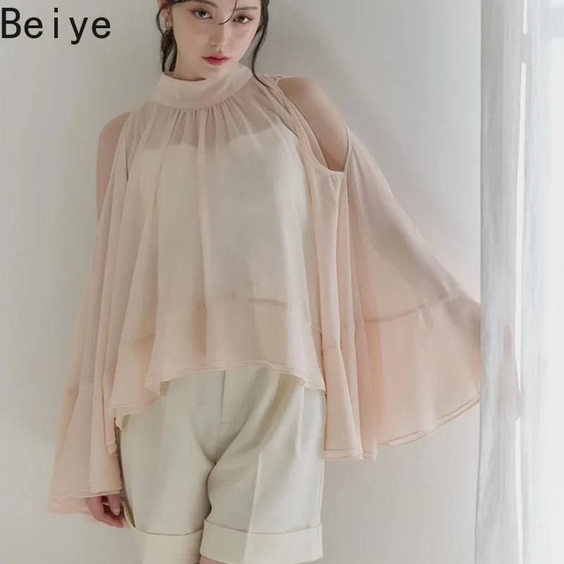 Japanese Two Wearing Design Off Shoulder Shirts Women Bat-sleeved Chiffon Loose Short Blouses Female High Street Sweet Tops