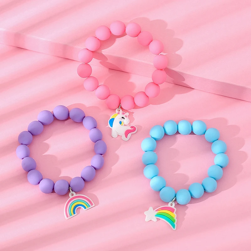 3 Teile/satz Candy Farbe Mädchen Armband Regenbogen Wolke Stern Einhorn Matte Perlen Stretch Armbänder Schmuck Zubehör Großhandel